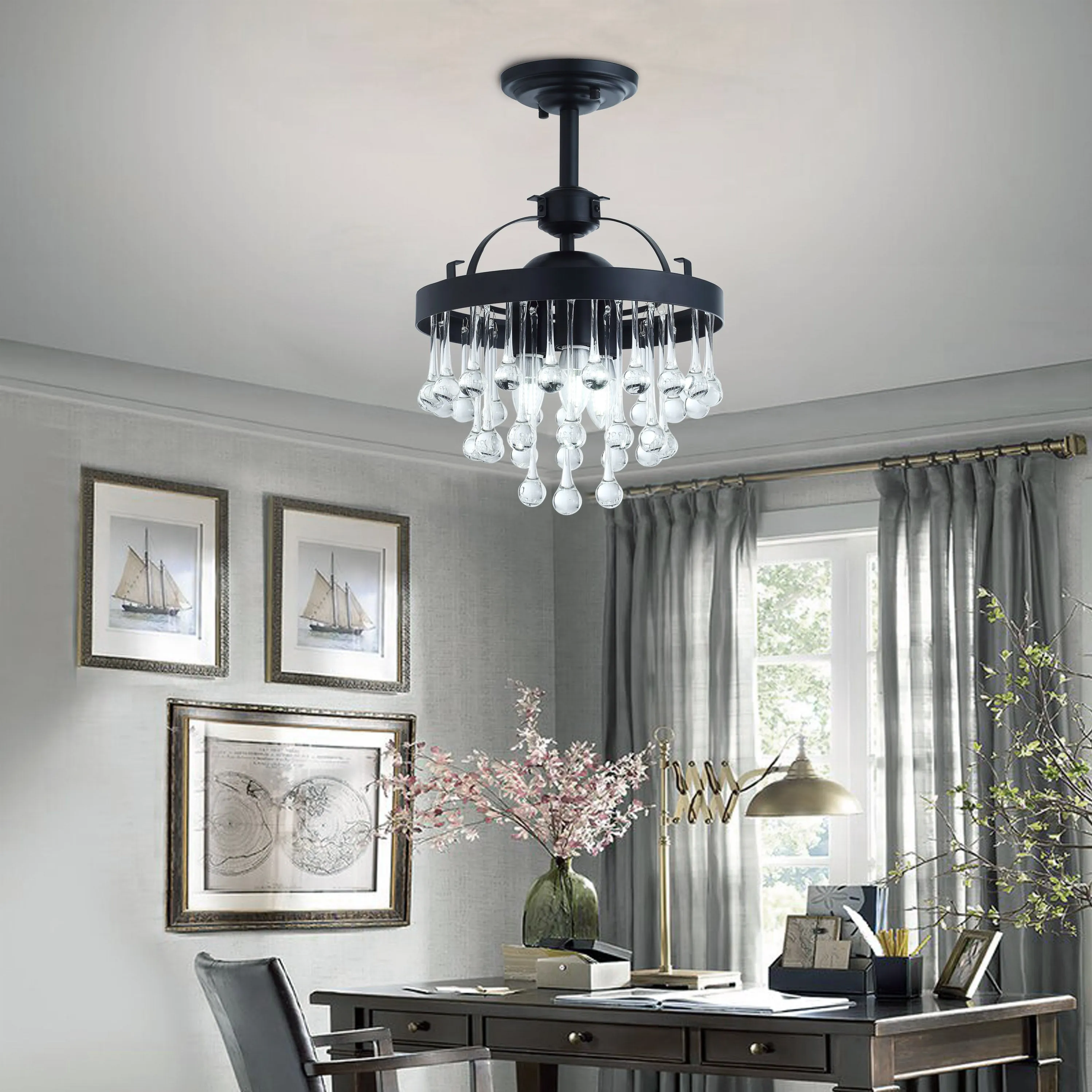 3-Lights Crystal Droplet Shape Semi-Flush Mount Lighting