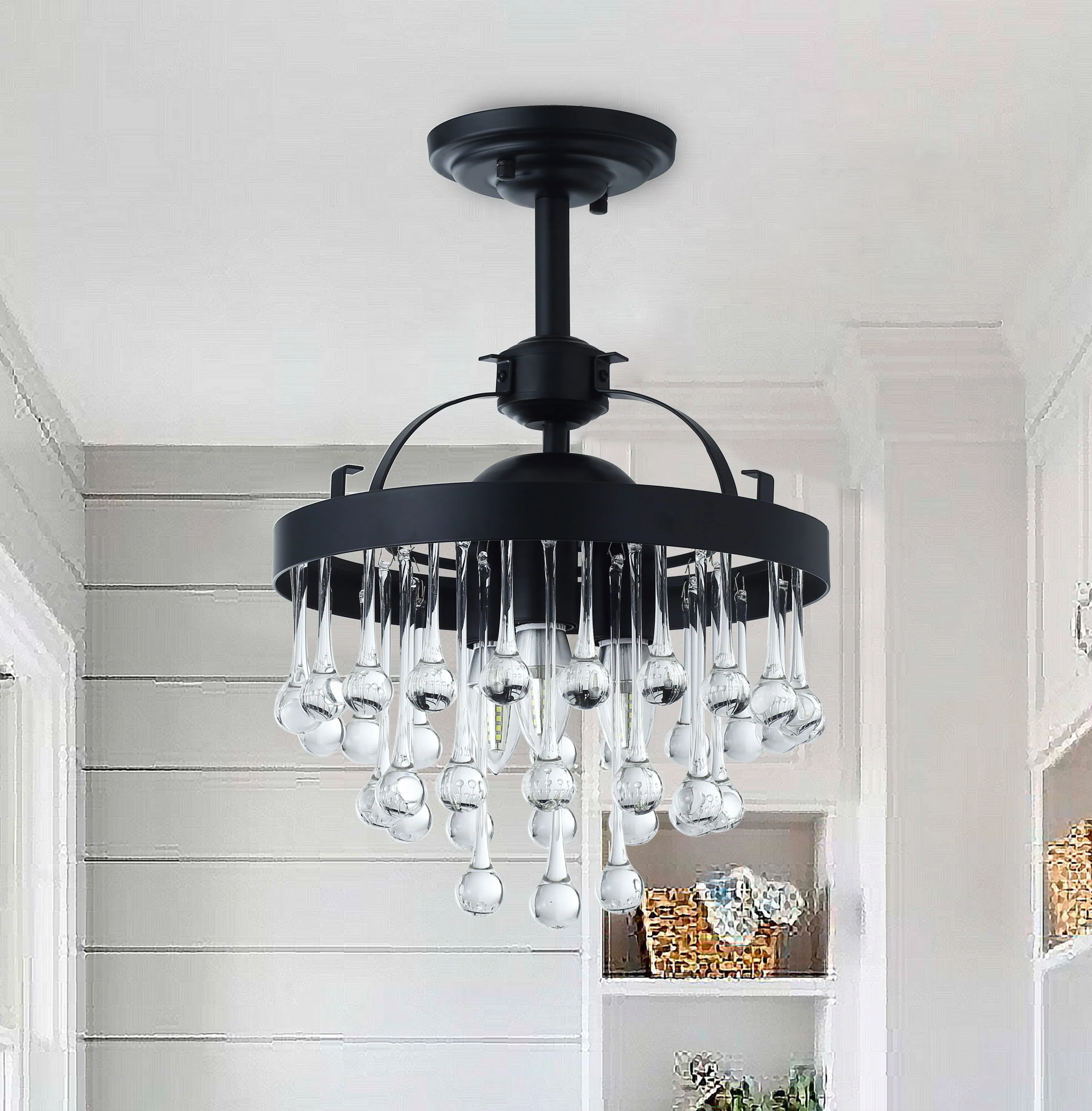 3-Lights Crystal Droplet Shape Semi-Flush Mount Lighting