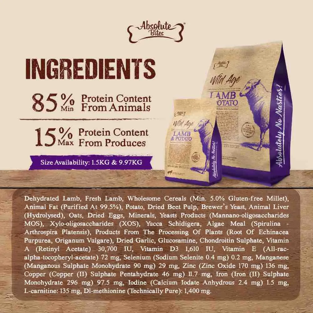 34% OFF FREE TREATS: Absolute Bites Wild Age Lamb & Potato Dry Dog Food