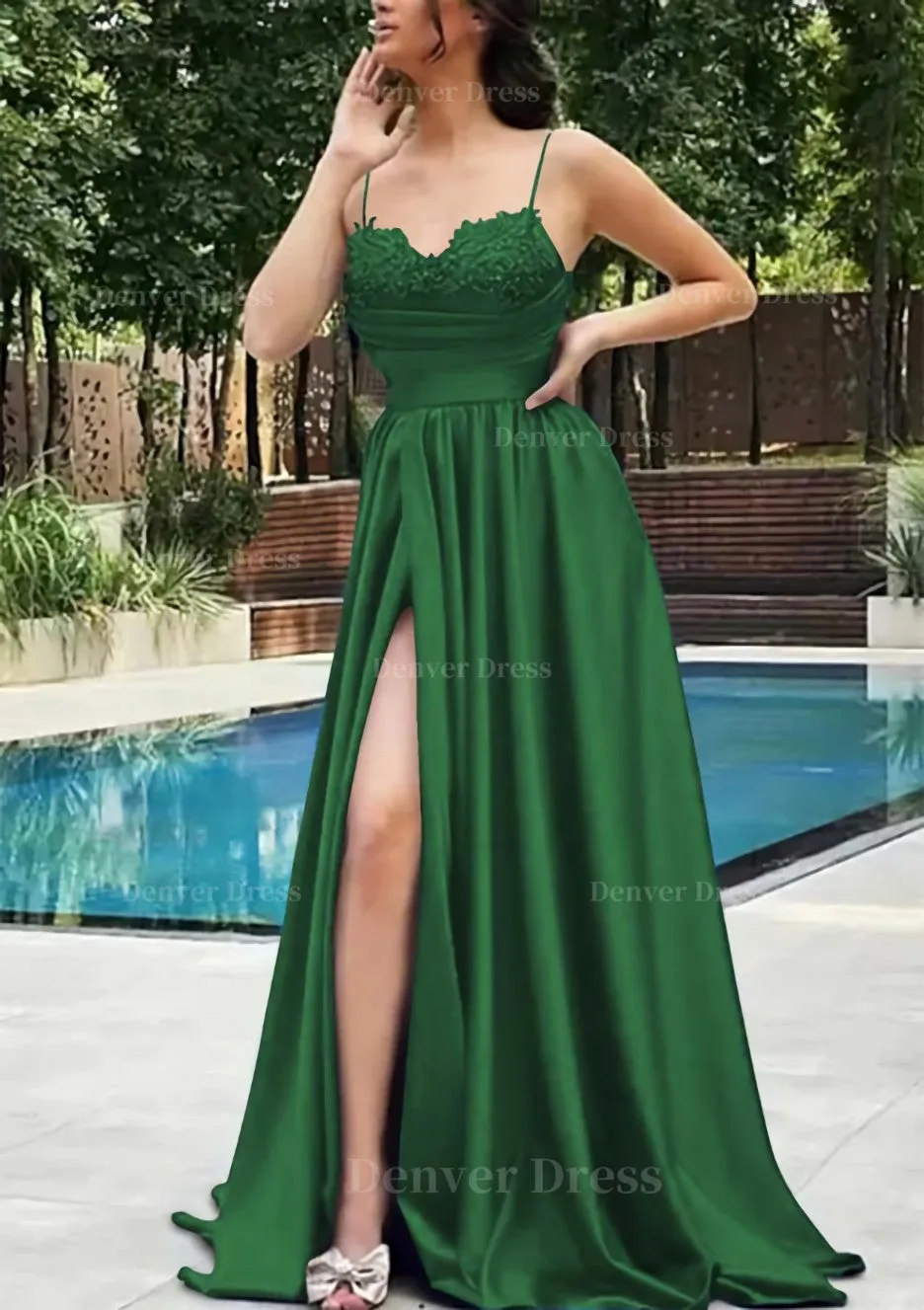 A-line V Neck Spaghetti Straps Sweep Train Satin Prom Dress With Appliqued Beading Pleated Split