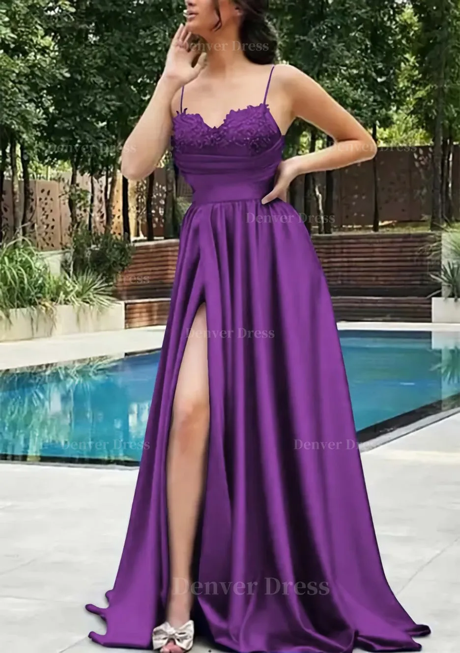 A-line V Neck Spaghetti Straps Sweep Train Satin Prom Dress With Appliqued Beading Pleated Split
