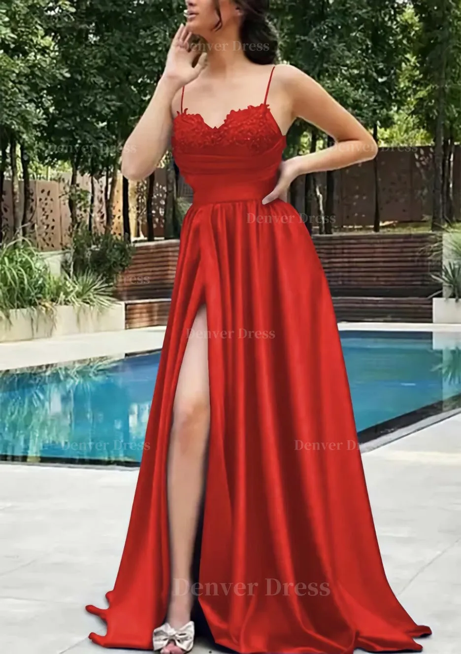 A-line V Neck Spaghetti Straps Sweep Train Satin Prom Dress With Appliqued Beading Pleated Split