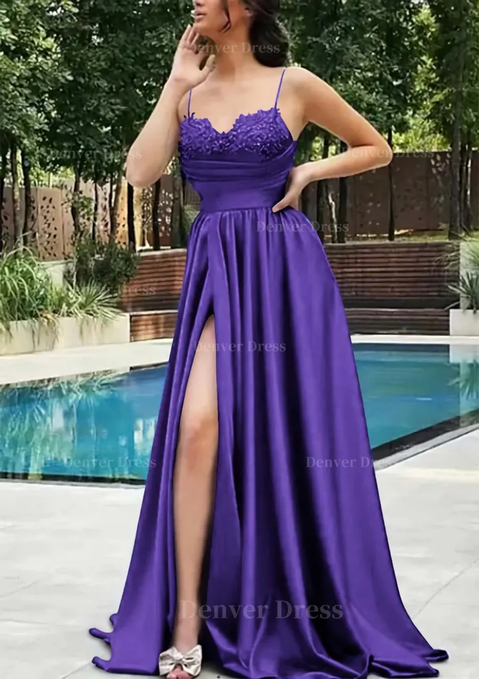 A-line V Neck Spaghetti Straps Sweep Train Satin Prom Dress With Appliqued Beading Pleated Split