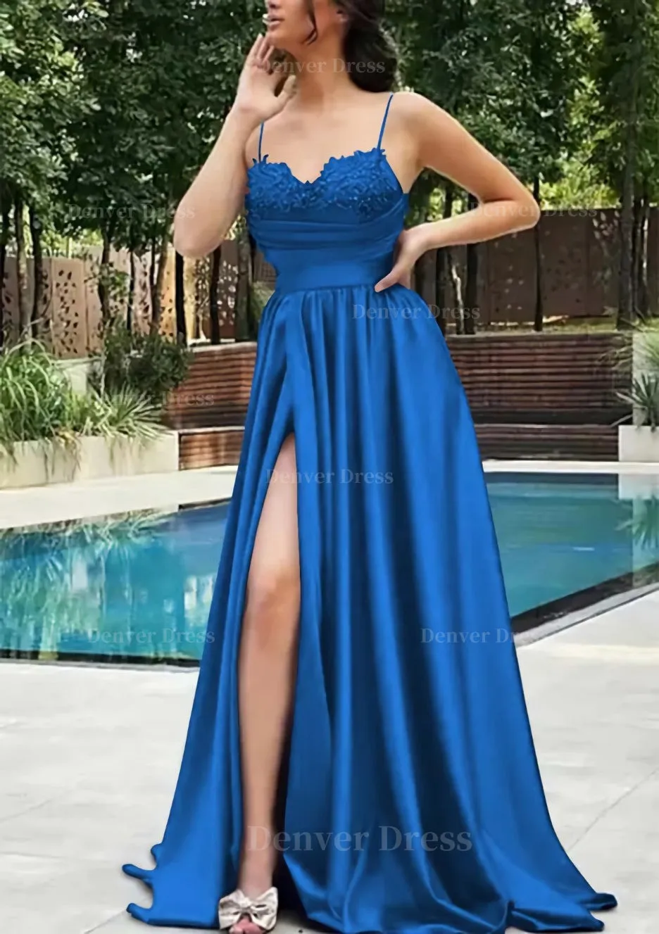 A-line V Neck Spaghetti Straps Sweep Train Satin Prom Dress With Appliqued Beading Pleated Split