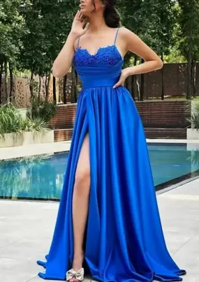 A-line V Neck Spaghetti Straps Sweep Train Satin Prom Dress With Appliqued Beading Pleated Split