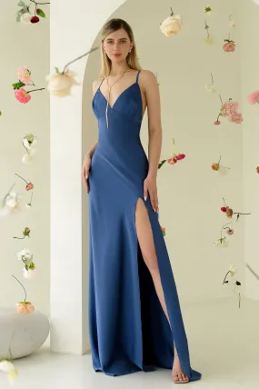 Blue Satin Thigh-Slit Slip Dress