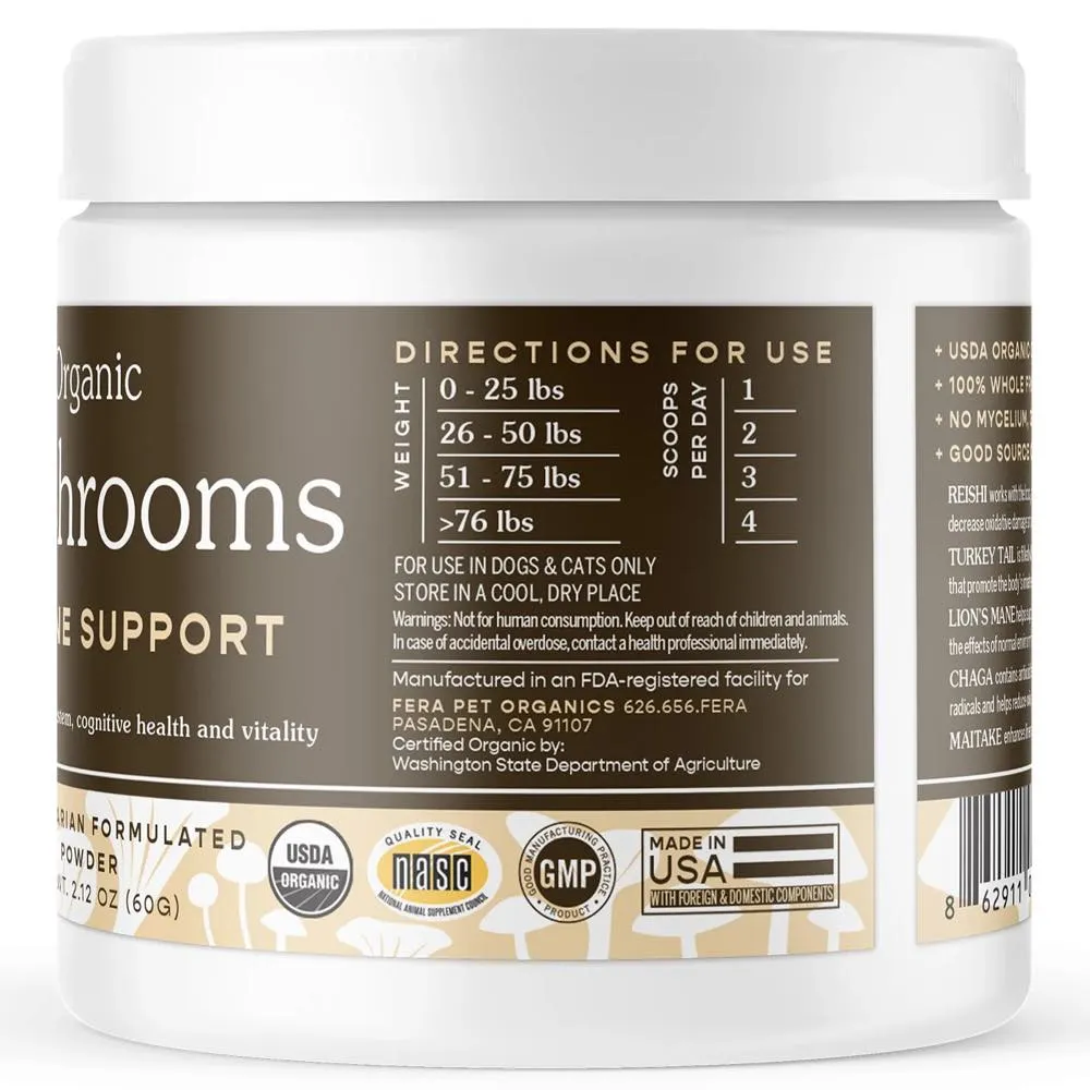 Fera Pets Organic Mushrooms Immune Support Supplement Powder For Cats & Dogs 2.12oz