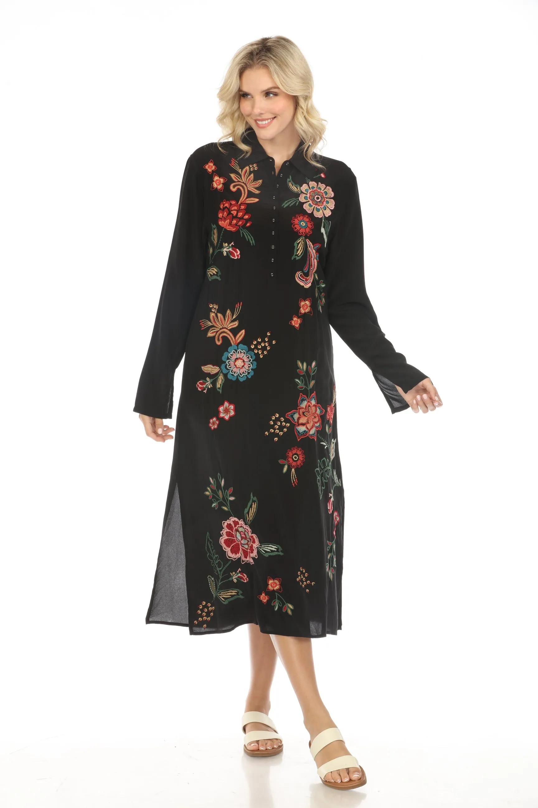 Johnny Was Workshop Embroidered Silk Midi Shirt Dress W39424 Boho Chic *