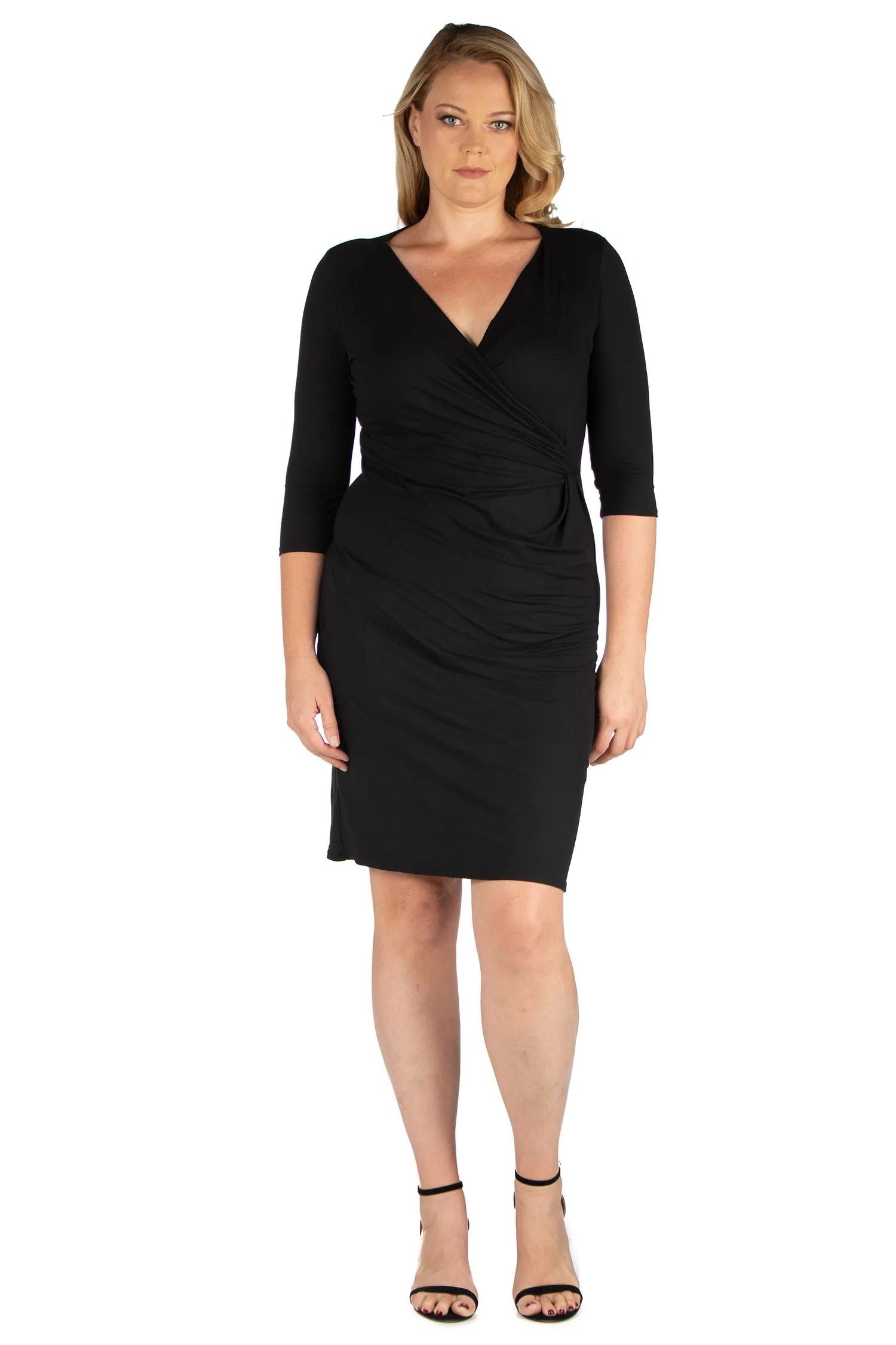 Knee Length V Neck Plus Size Wrap Dress
