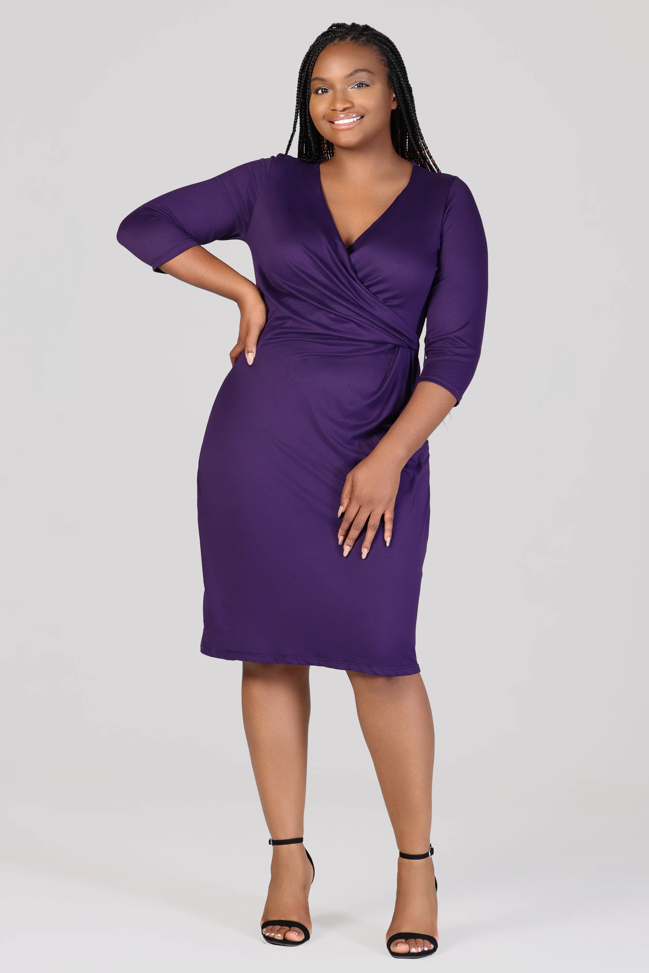 Knee Length V Neck Plus Size Wrap Dress