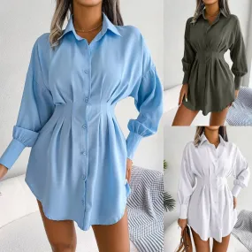 Ladies Solid Turn-Down Collar Long Sleeves Dress B8328