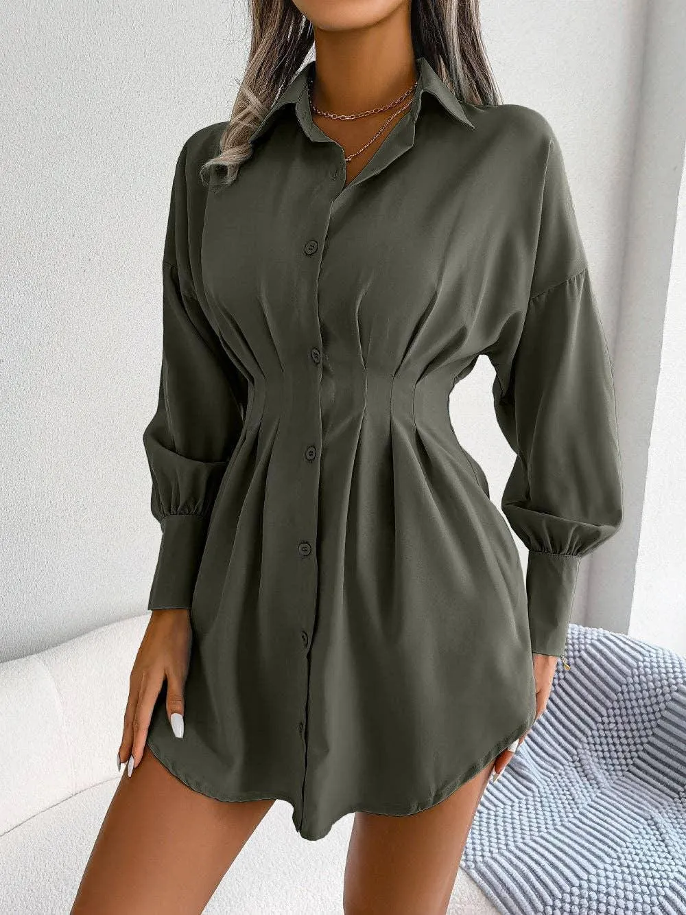 Ladies Solid Turn-Down Collar Long Sleeves Dress B8328