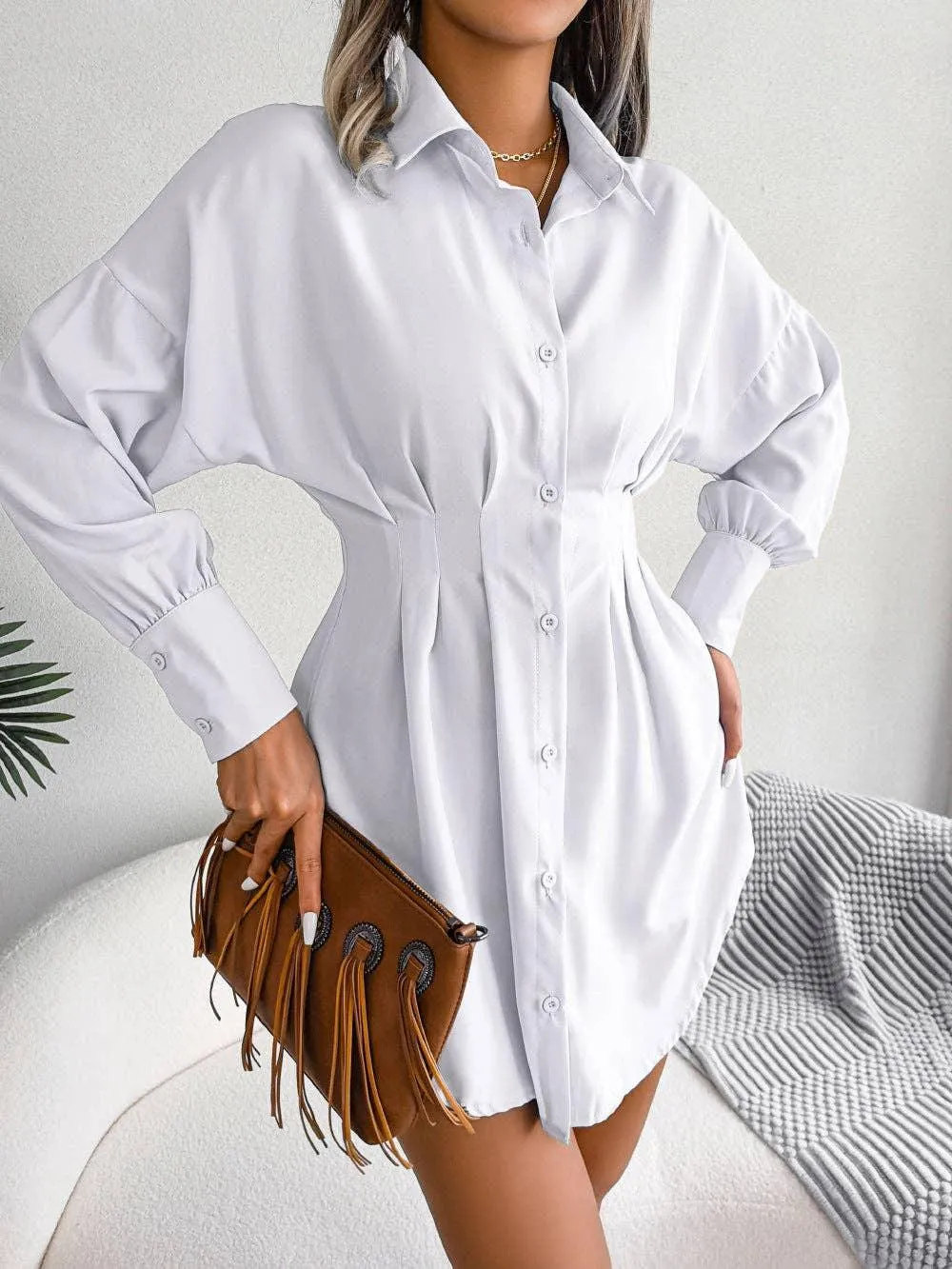 Ladies Solid Turn-Down Collar Long Sleeves Dress B8328