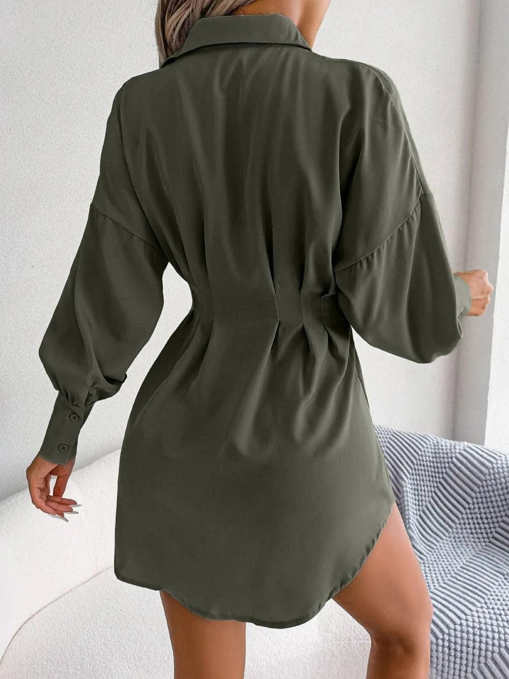 Ladies Solid Turn-Down Collar Long Sleeves Dress B8328
