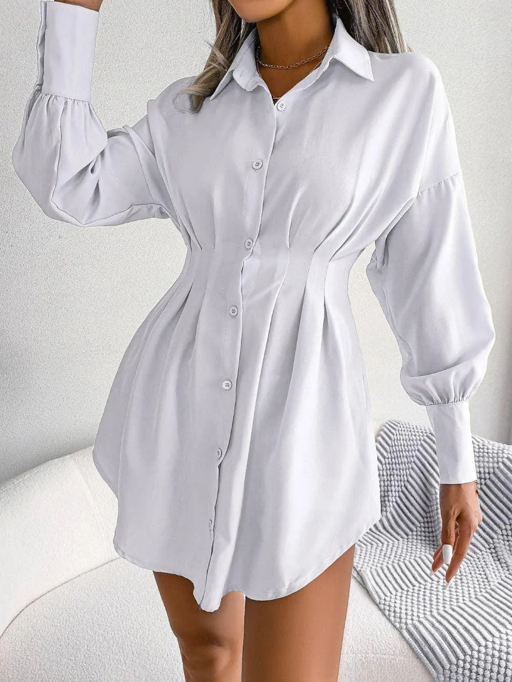 Ladies Solid Turn-Down Collar Long Sleeves Dress B8328