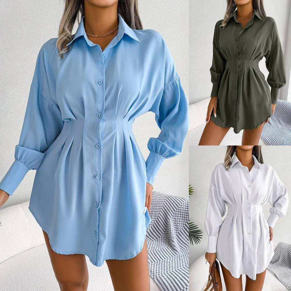 Ladies Solid Turn-Down Collar Long Sleeves Dress B8328
