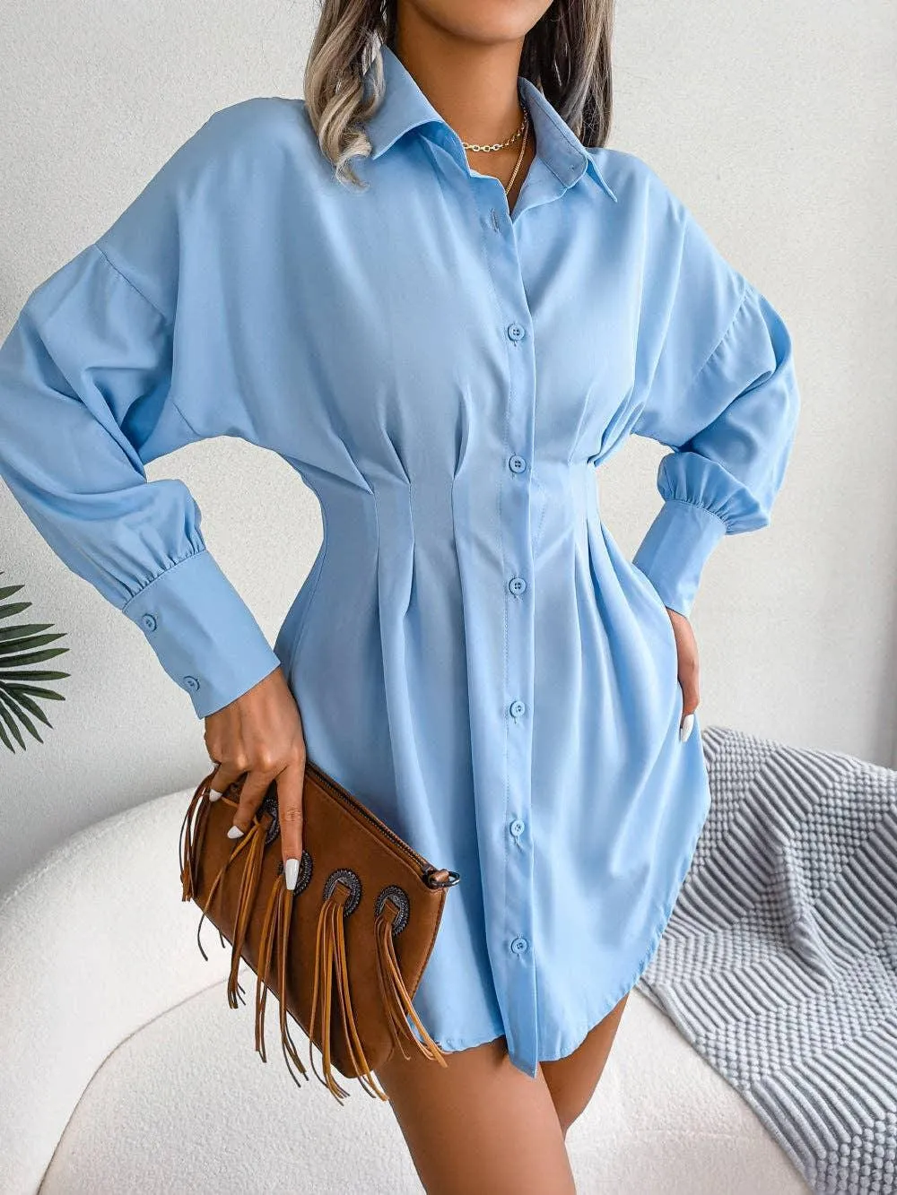 Ladies Solid Turn-Down Collar Long Sleeves Dress B8328
