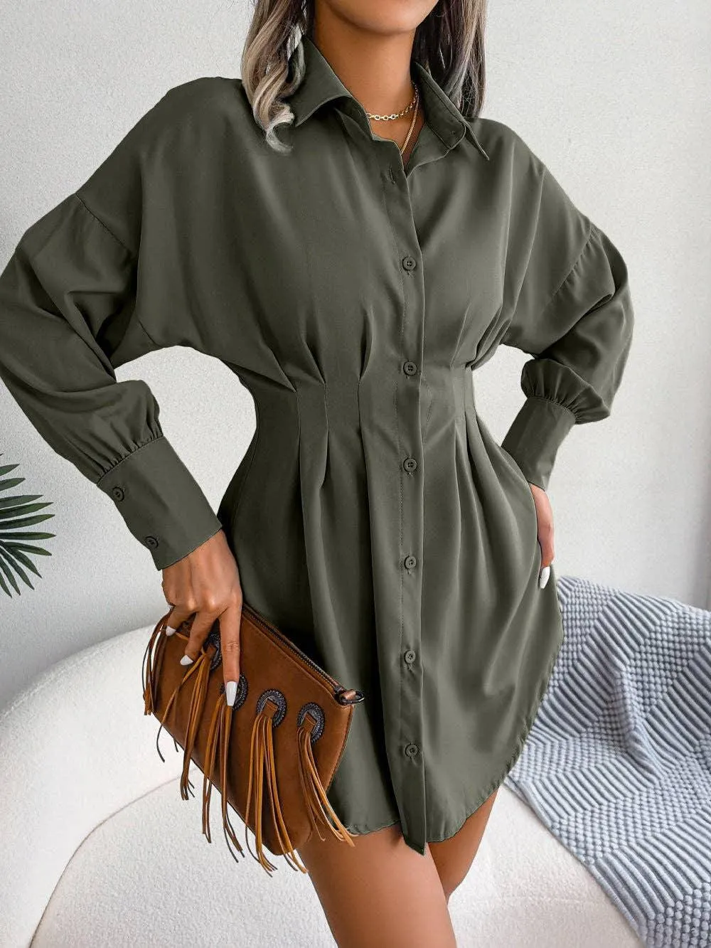 Ladies Solid Turn-Down Collar Long Sleeves Dress B8328