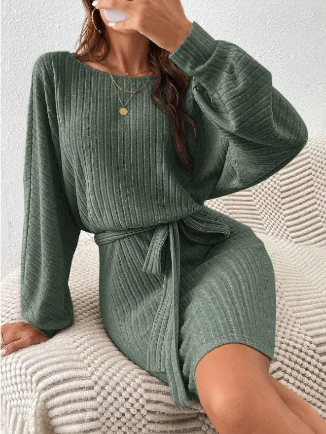 Ladies Waist Tie Round Neck Hip Wrap Dress G1023
