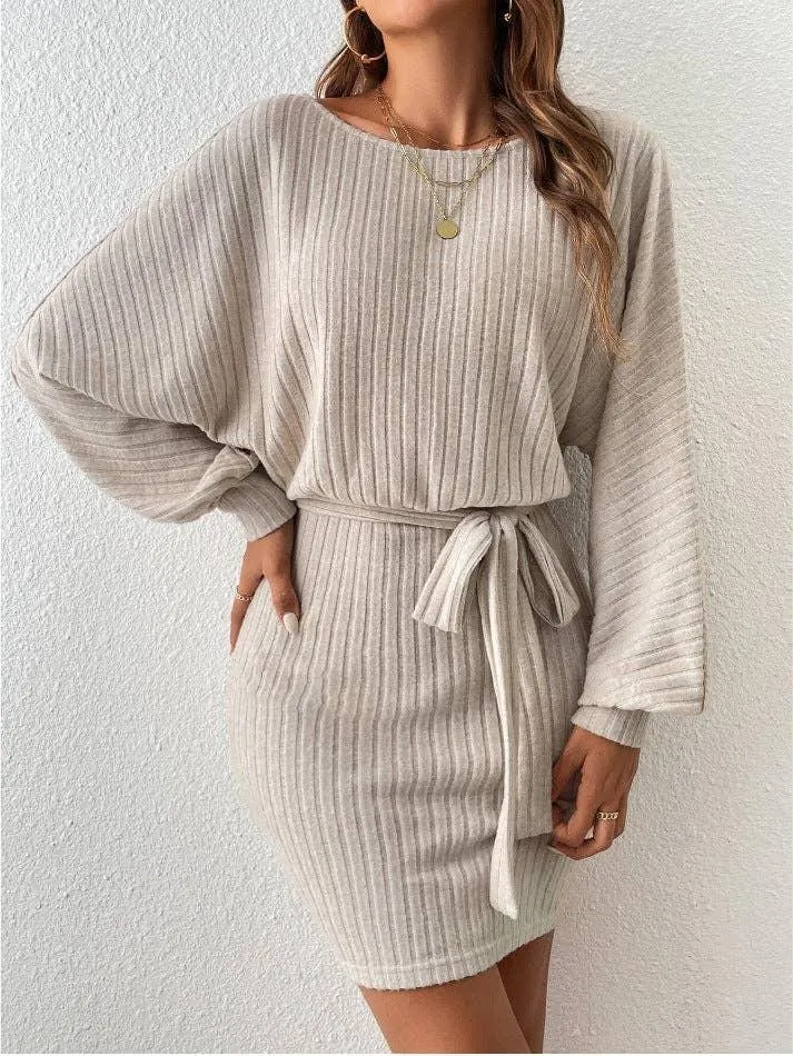 Ladies Waist Tie Round Neck Hip Wrap Dress G1023