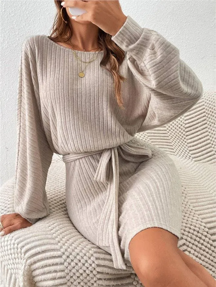 Ladies Waist Tie Round Neck Hip Wrap Dress G1023