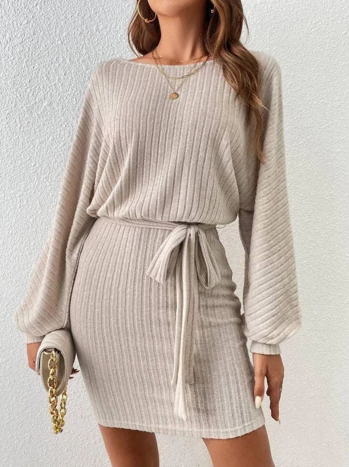 Ladies Waist Tie Round Neck Hip Wrap Dress G1023