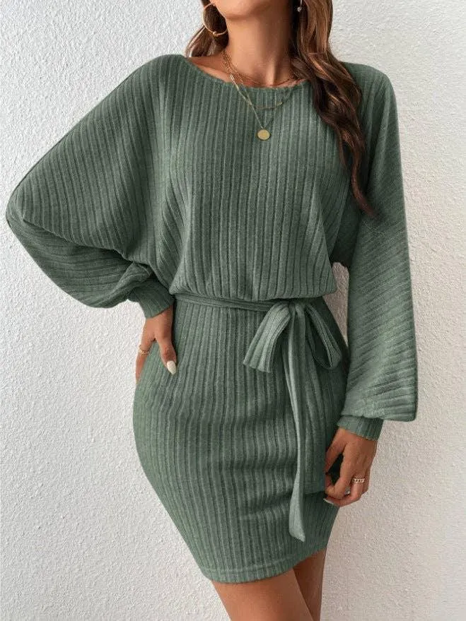 Ladies Waist Tie Round Neck Hip Wrap Dress G1023