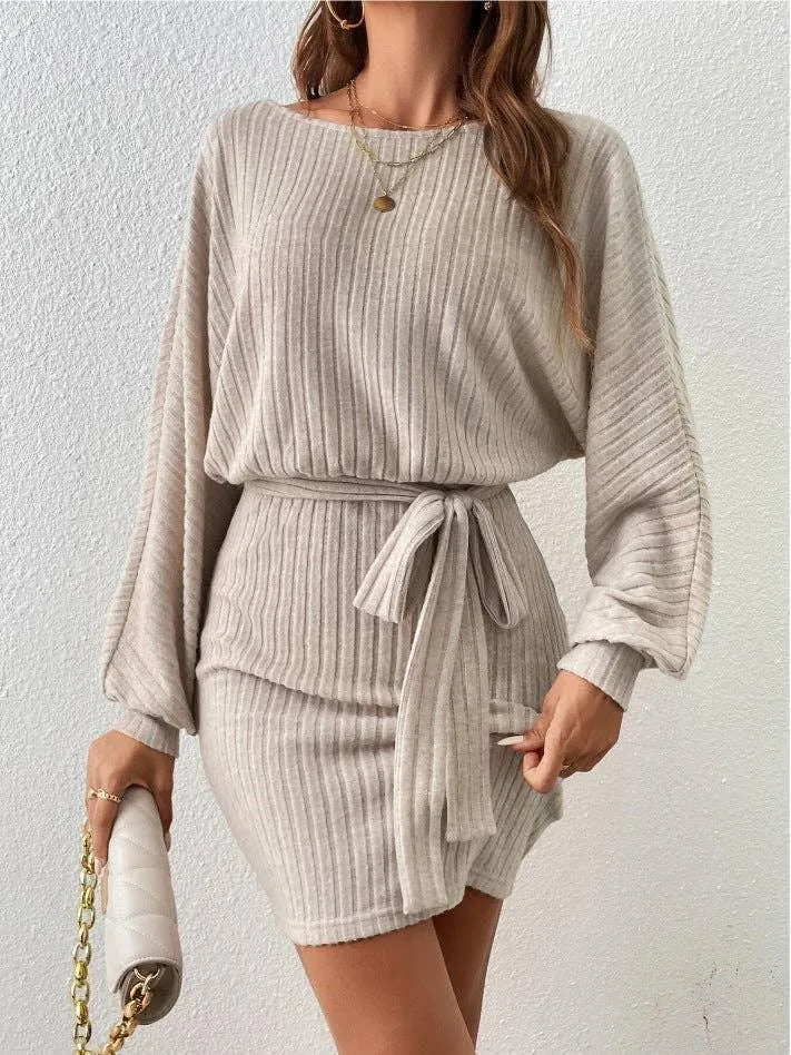 Ladies Waist Tie Round Neck Hip Wrap Dress G1023