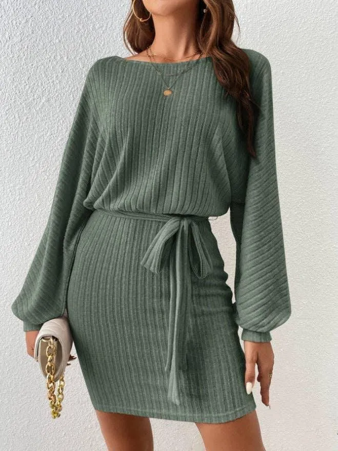 Ladies Waist Tie Round Neck Hip Wrap Dress G1023