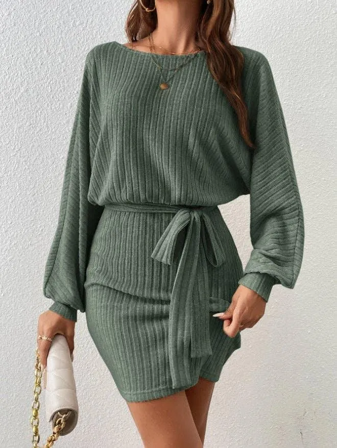 Ladies Waist Tie Round Neck Hip Wrap Dress G1023