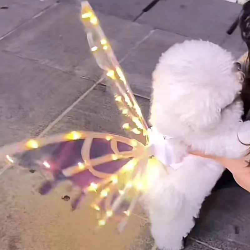 Light Up Fairy Wings for Dogs Electric Glowing Fairy Wings Musical Butterfly with Led String Lights for Pet Party Favor Dress Up
