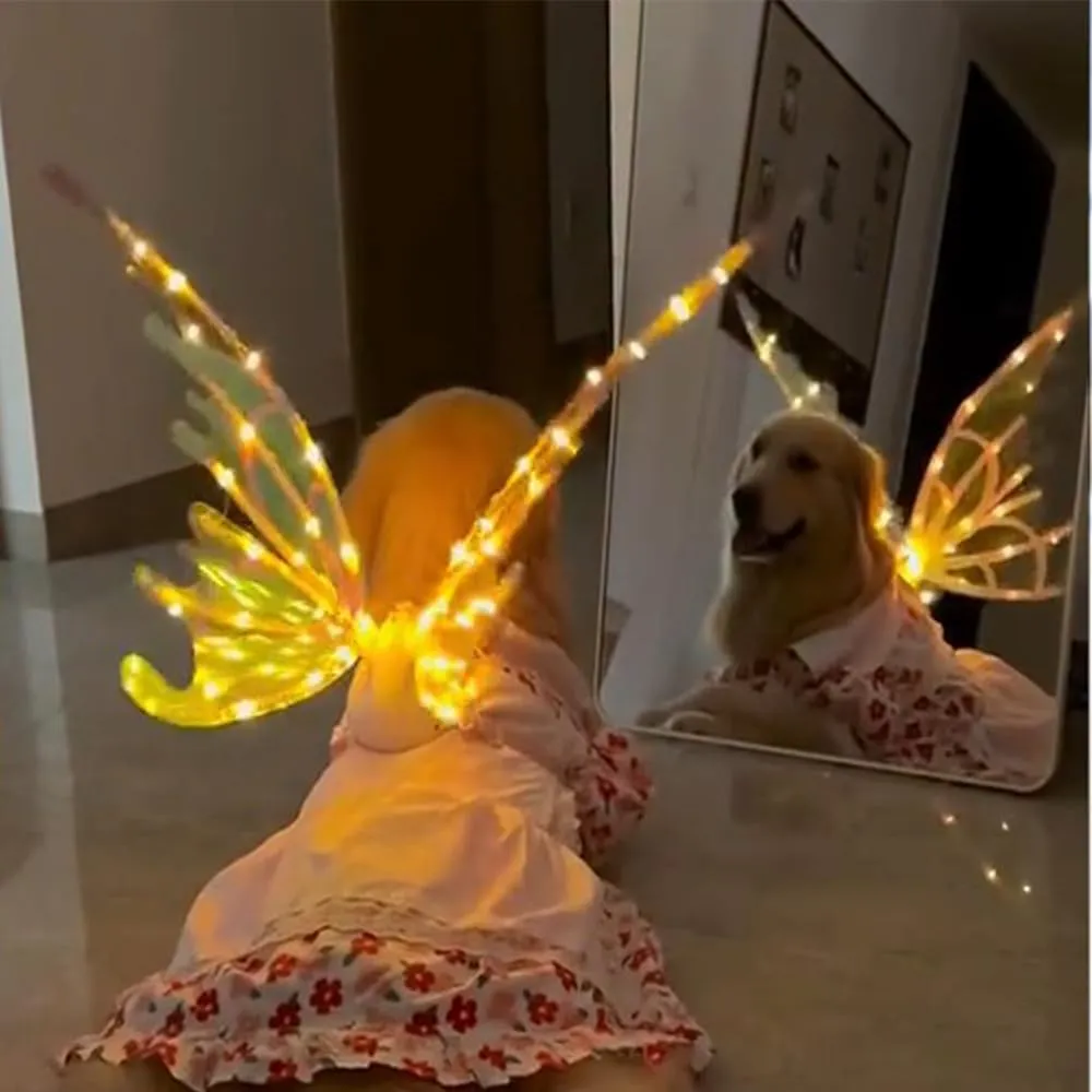 Light Up Fairy Wings for Dogs Electric Glowing Fairy Wings Musical Butterfly with Led String Lights for Pet Party Favor Dress Up