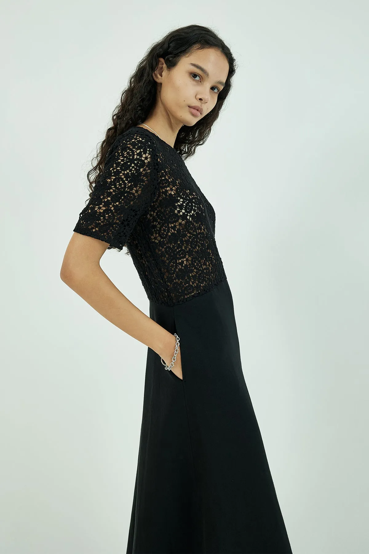 Macramé-panel lace cotton flare midi dress