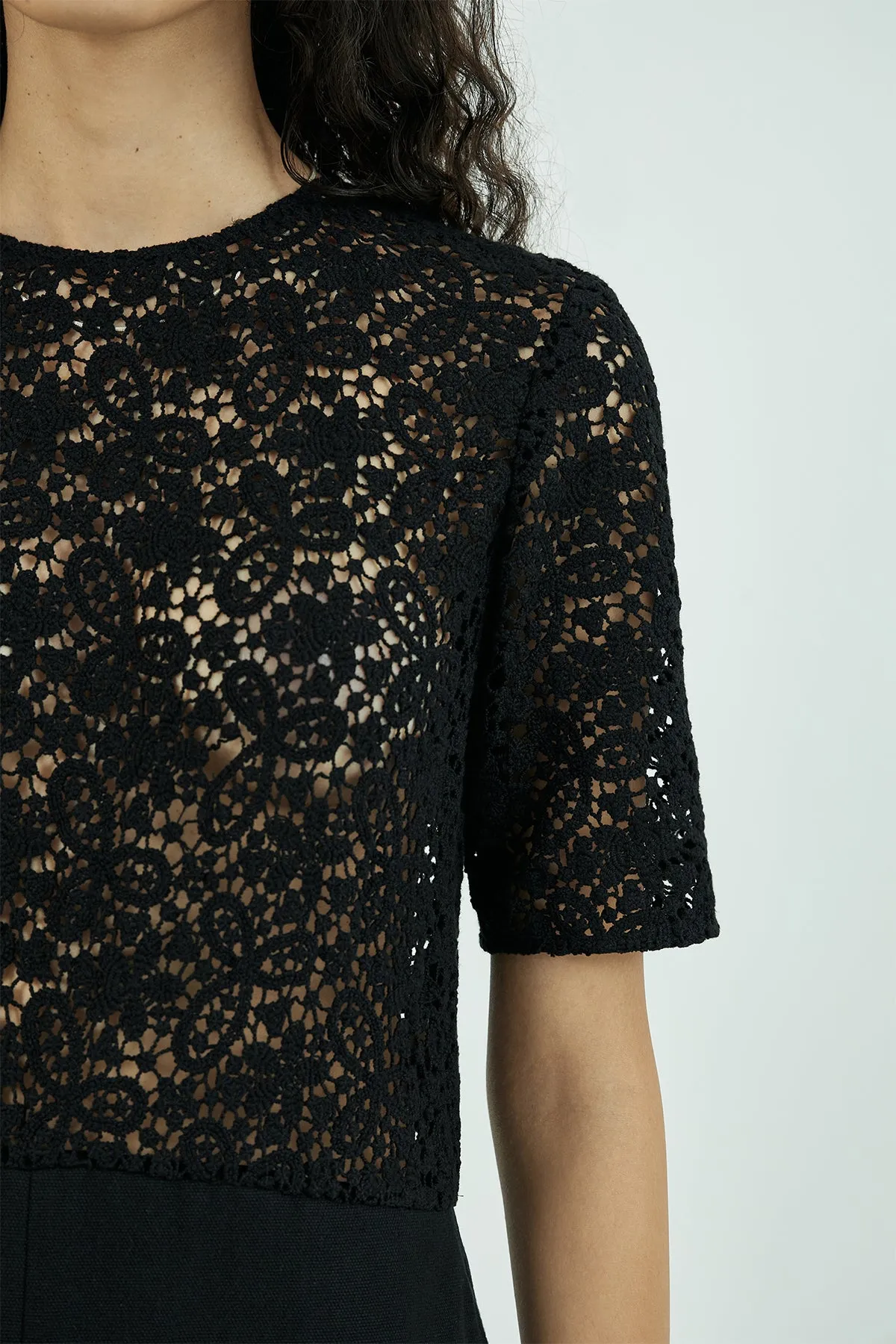 Macramé-panel lace cotton flare midi dress