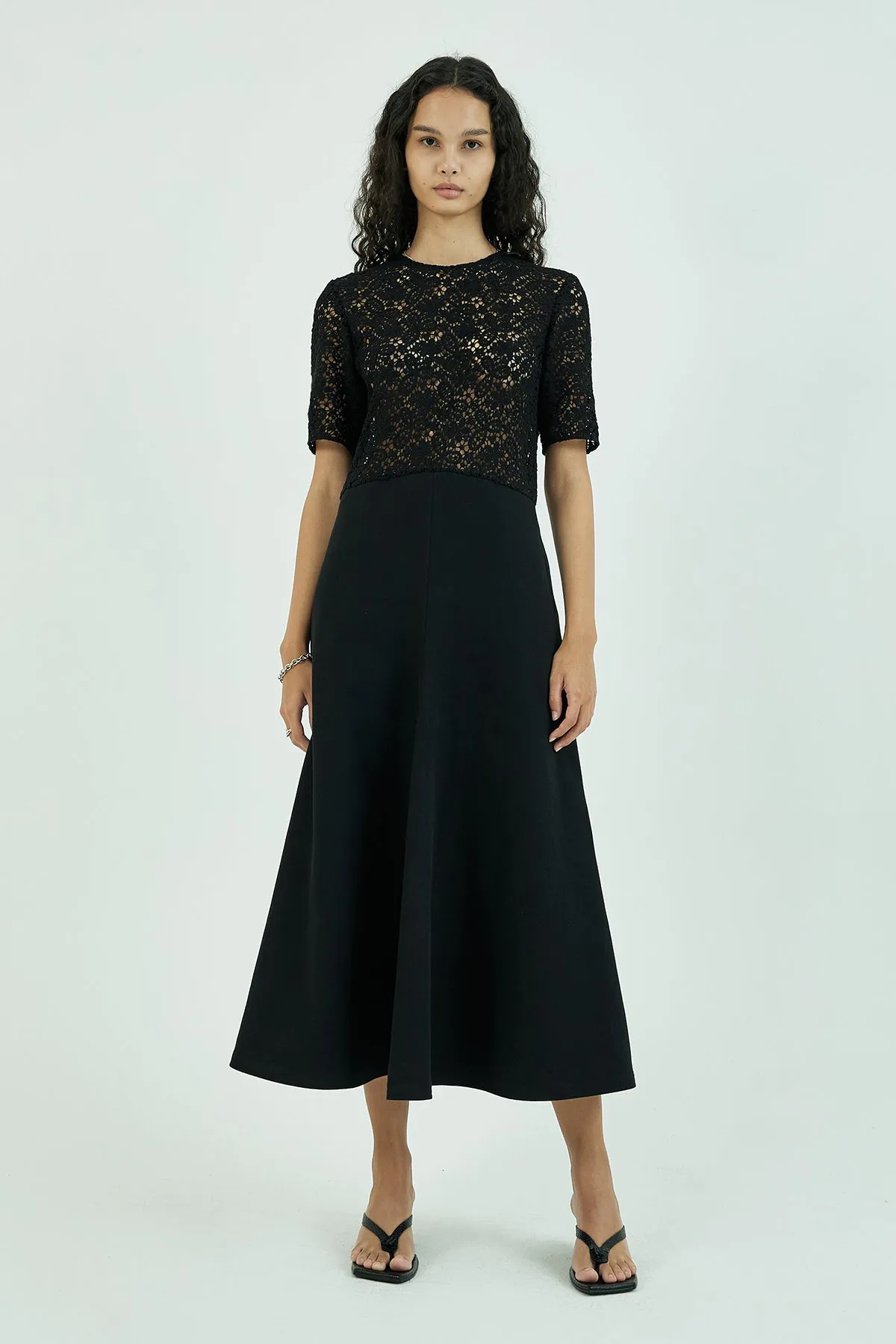 Macramé-panel lace cotton flare midi dress