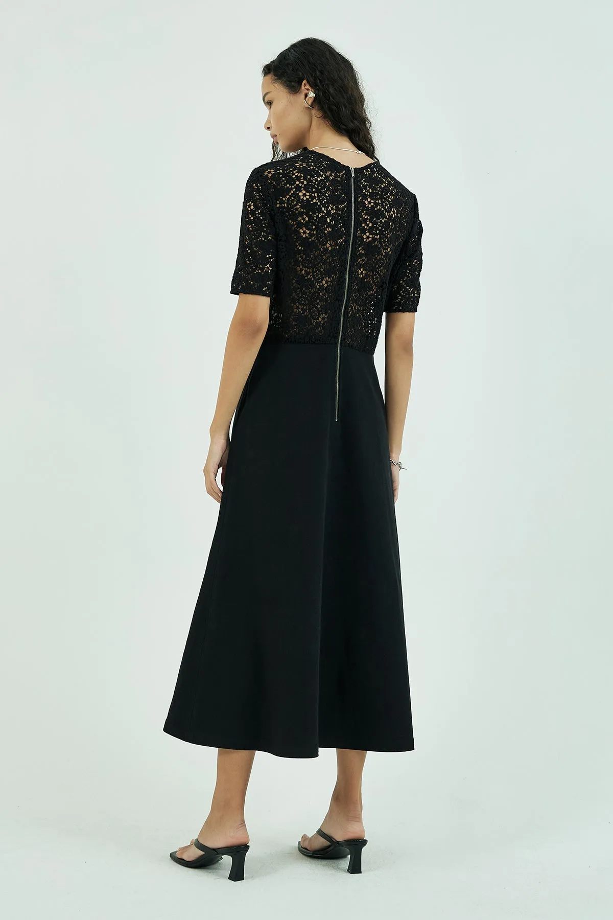 Macramé-panel lace cotton flare midi dress