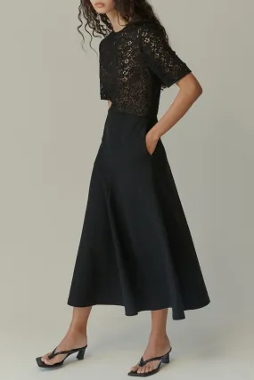Macramé-panel lace cotton flare midi dress