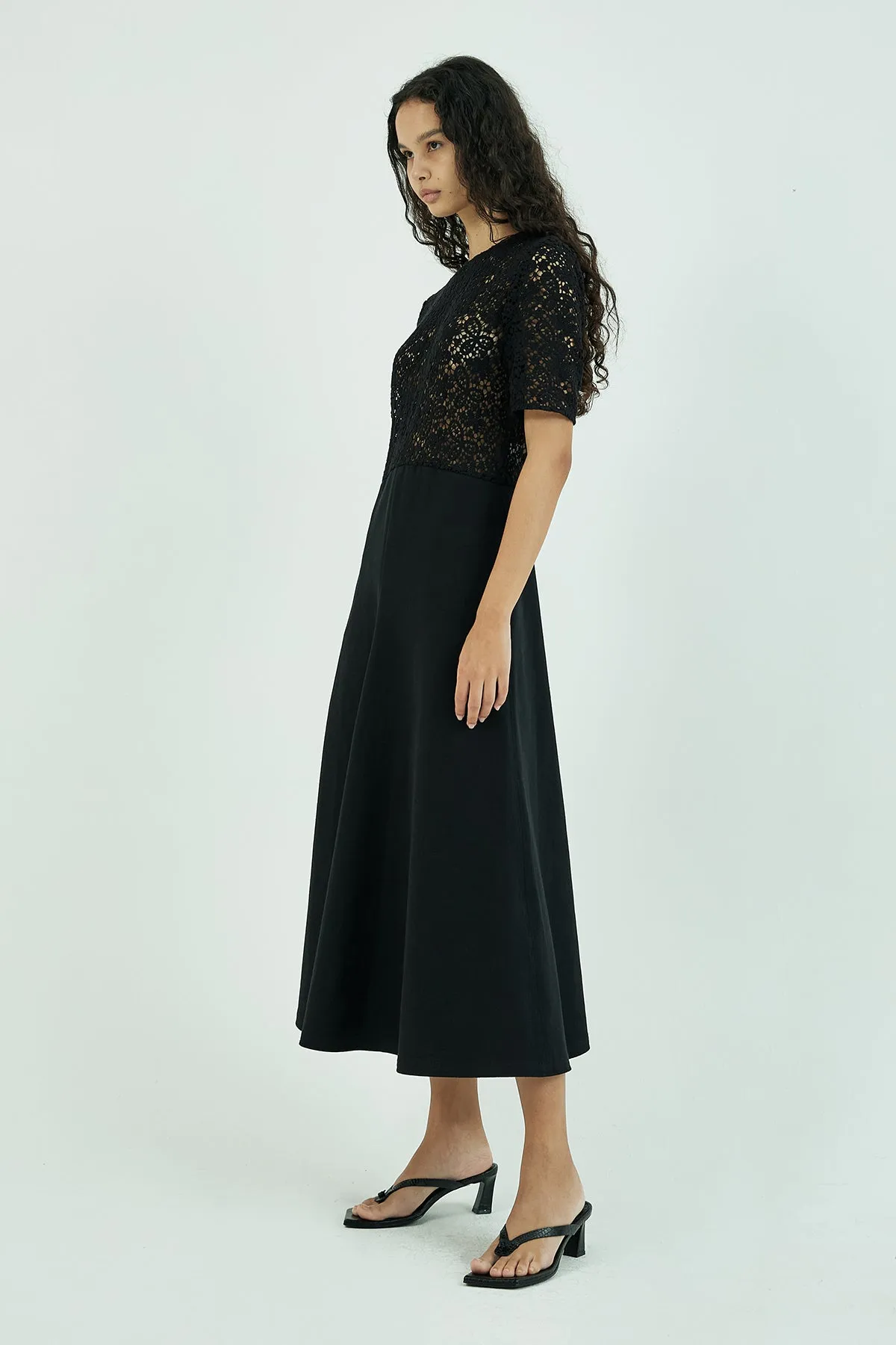 Macramé-panel lace cotton flare midi dress