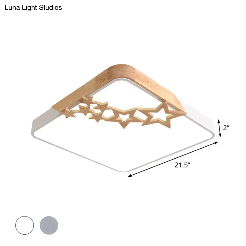 Modern LED Square Acrylic Flush Mount Lamp with Grey/White Ceiling Light Fixture and Wooden Star Deco
