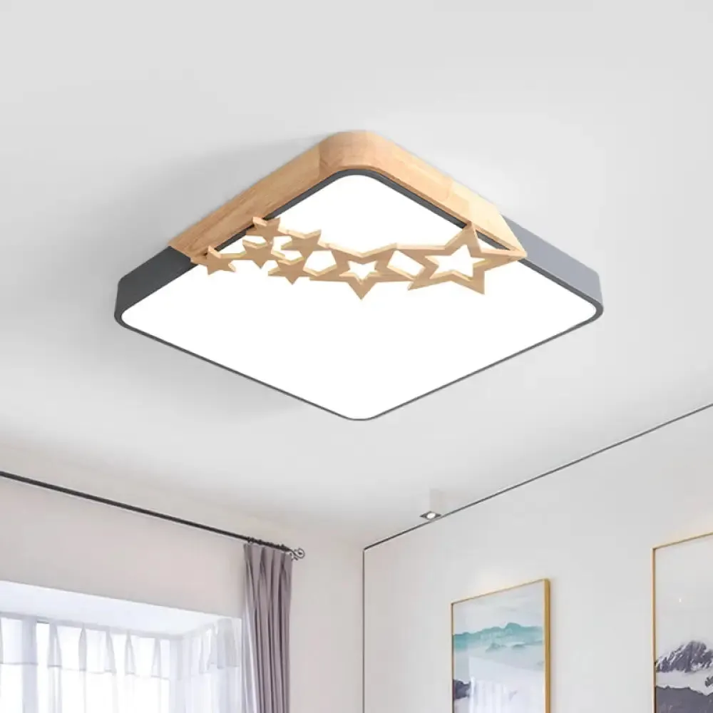 Modern LED Square Acrylic Flush Mount Lamp with Grey/White Ceiling Light Fixture and Wooden Star Deco