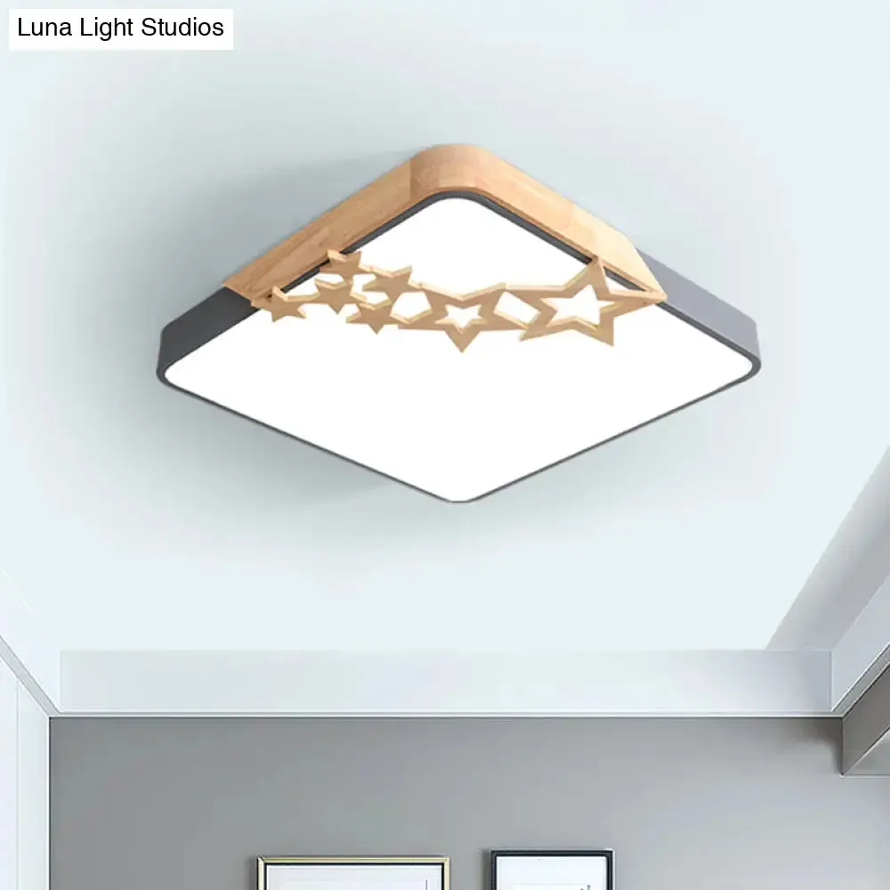 Modern LED Square Acrylic Flush Mount Lamp with Grey/White Ceiling Light Fixture and Wooden Star Deco