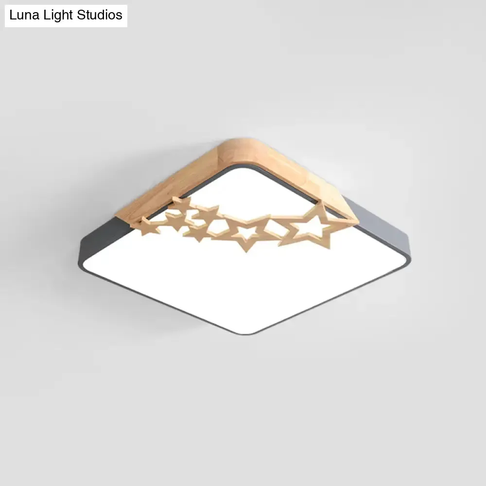 Modern LED Square Acrylic Flush Mount Lamp with Grey/White Ceiling Light Fixture and Wooden Star Deco