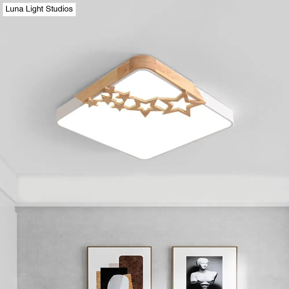 Modern LED Square Acrylic Flush Mount Lamp with Grey/White Ceiling Light Fixture and Wooden Star Deco