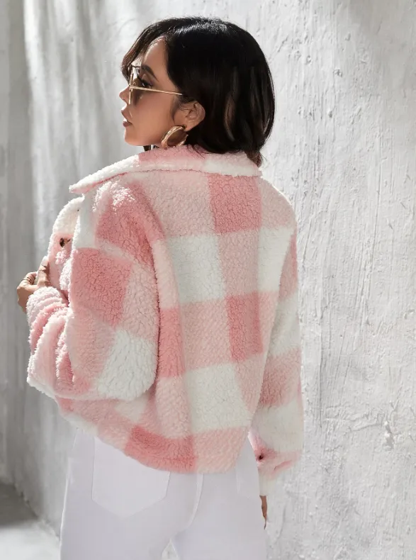 Monogrammed Pink Plaid Print Flap Pocket Teddy Jacket