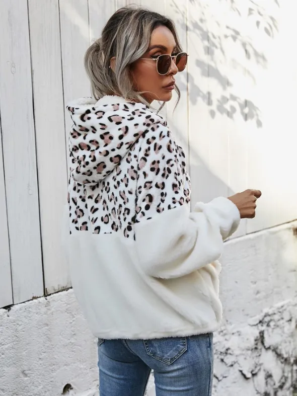 Monogrammed Sleeve Leopard Panel Half Zip Flannel Hoodie