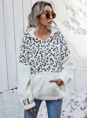 Monogrammed Sleeve Leopard Panel Half Zip Flannel Hoodie
