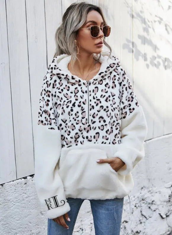 Monogrammed Sleeve Leopard Panel Half Zip Flannel Hoodie