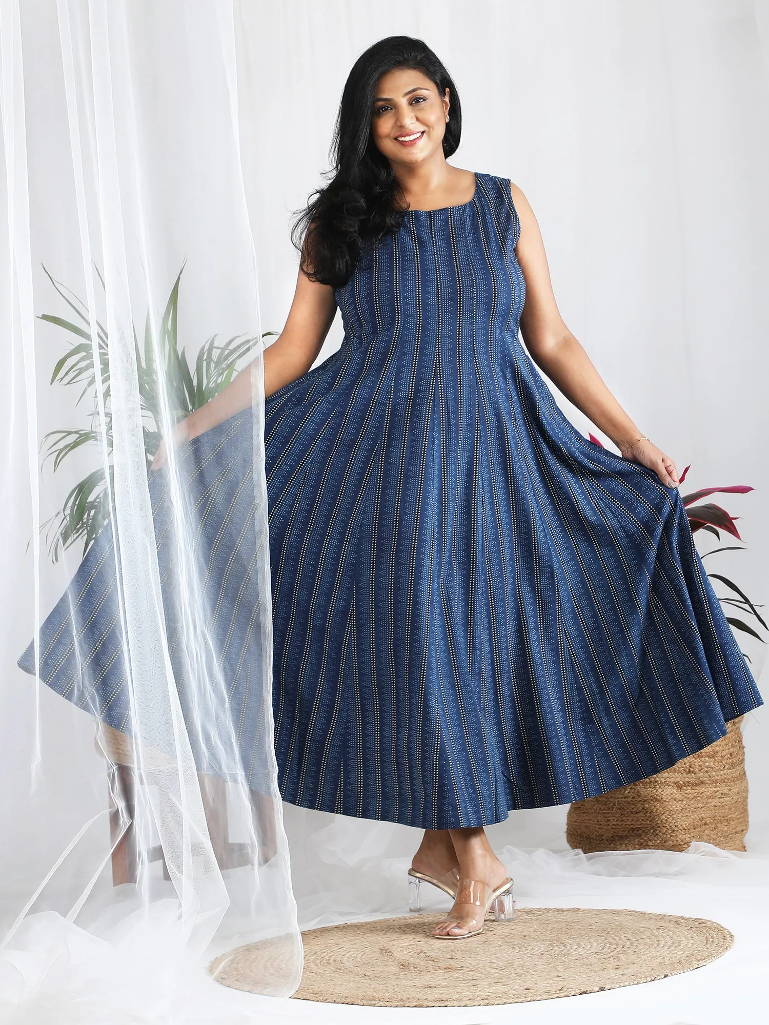 Nandini Ajrakh Work Pure Cotton Striped Dress
