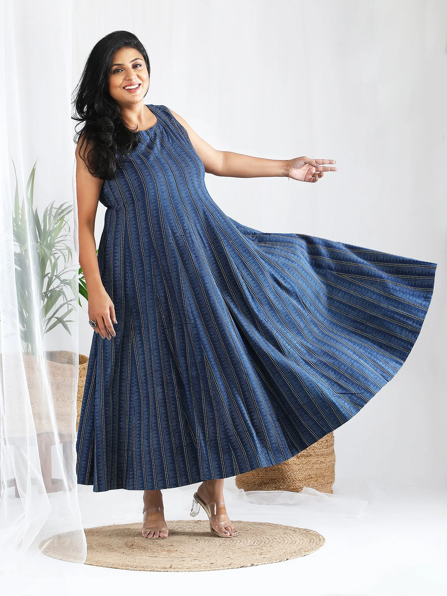 Nandini Ajrakh Work Pure Cotton Striped Dress