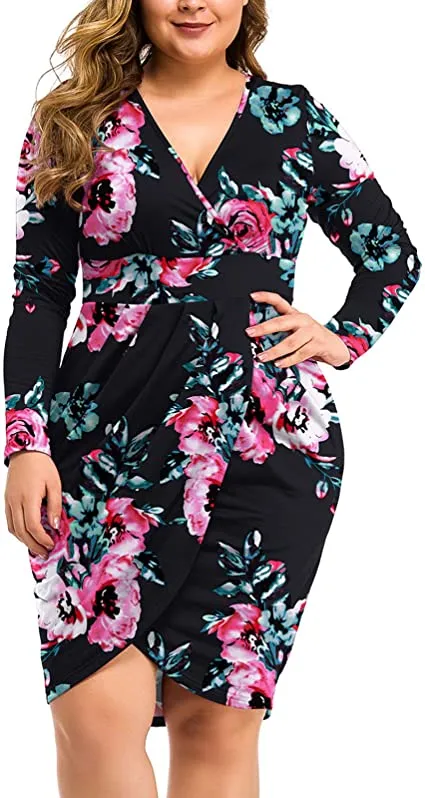 Plus Size White Long Sleeve V Neck Knit Mini Dress